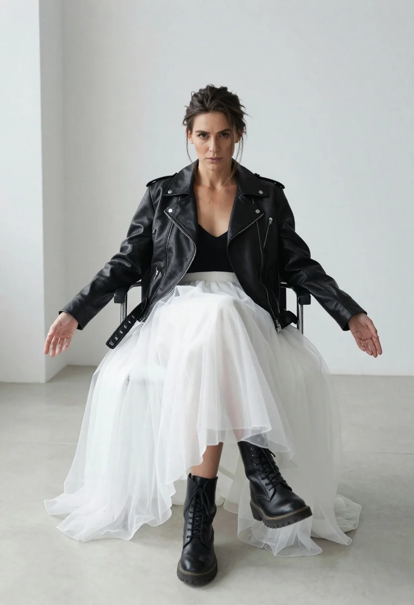 Woman Sits Confidently Minimalist Studio Space Wearing Black Leather Jacket reference photo