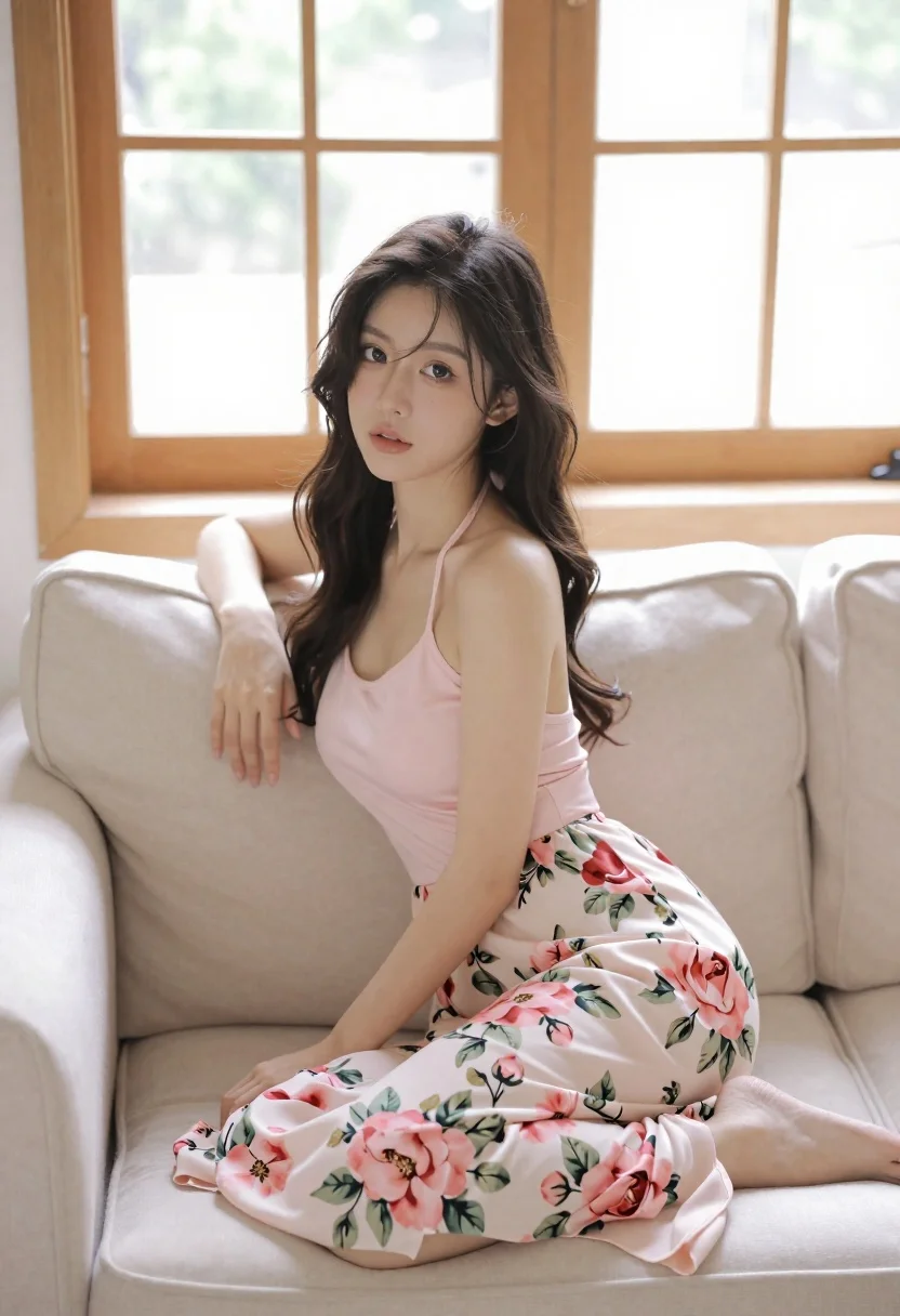 Young Woman With Long Dark Wavy Hair Sits Beige Sofa reference photo