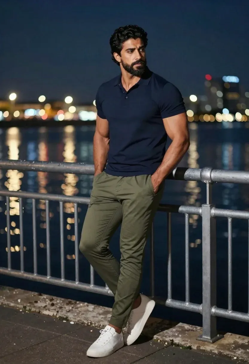 Confident Man Leans Casually Against Metal Railing Night With Vibrant