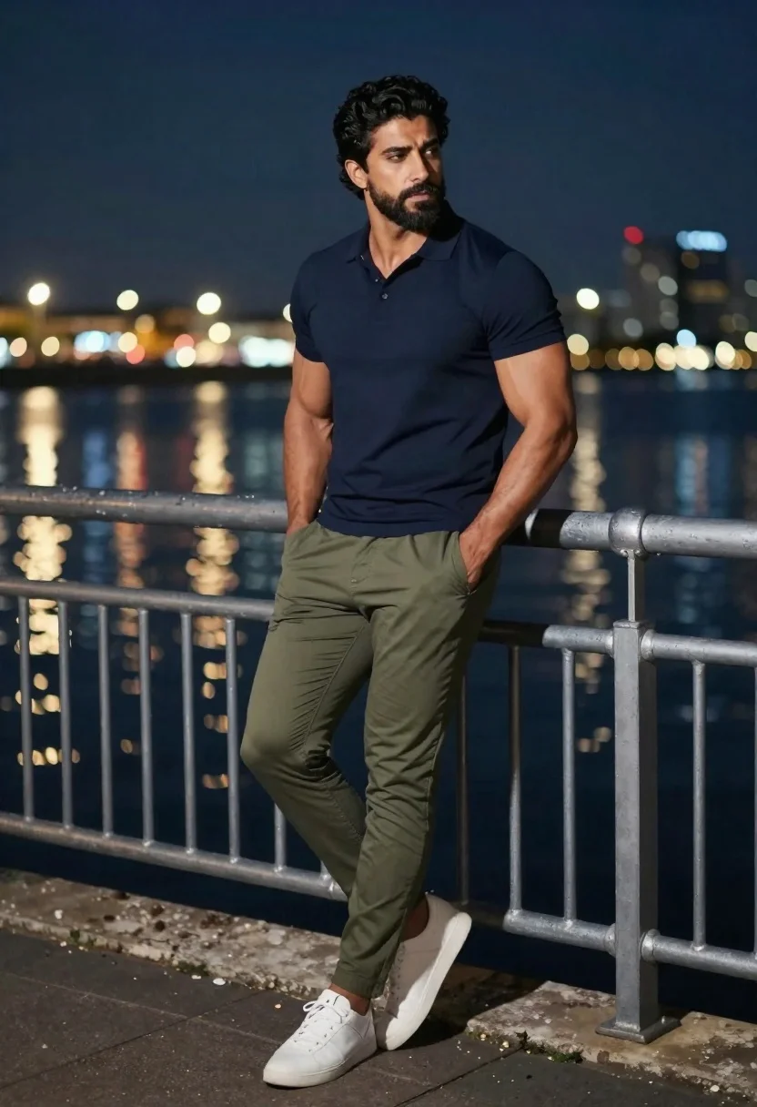 Confident Man Leans Casually Against Metal Railing Night With Vibrant