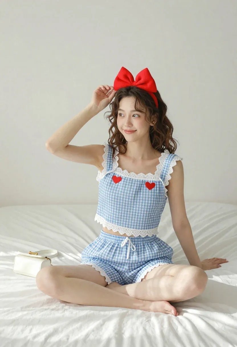 Young Woman With Wavy Brown Hair Sits Cross-legged White Bed