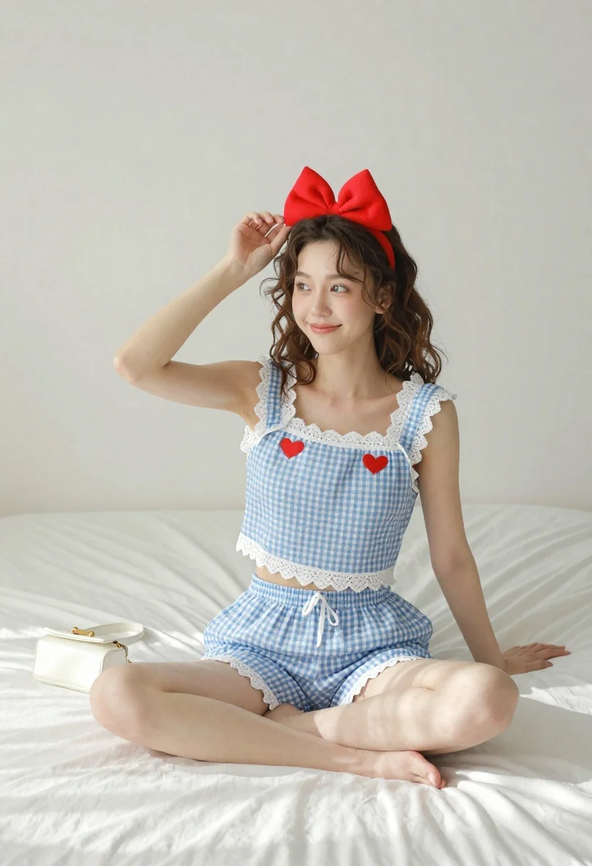 Young Woman With Wavy Brown Hair Sits Cross-legged White Bed