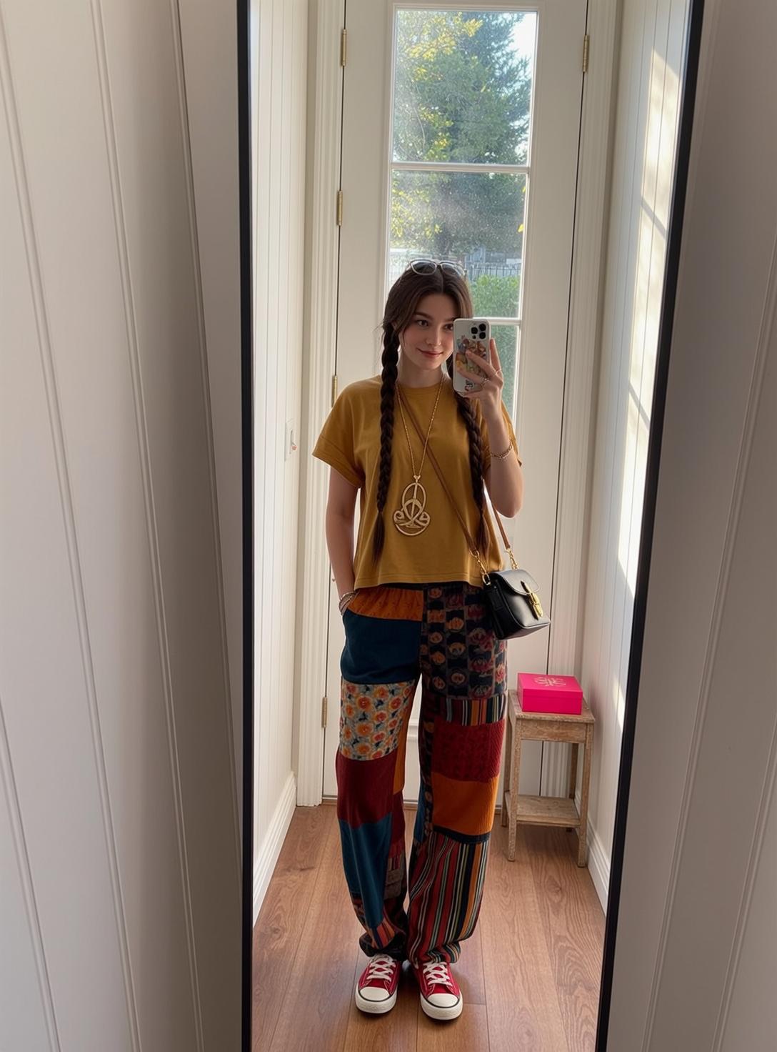 Hallway With Mustard Shirt And Peace Necklace Selfie