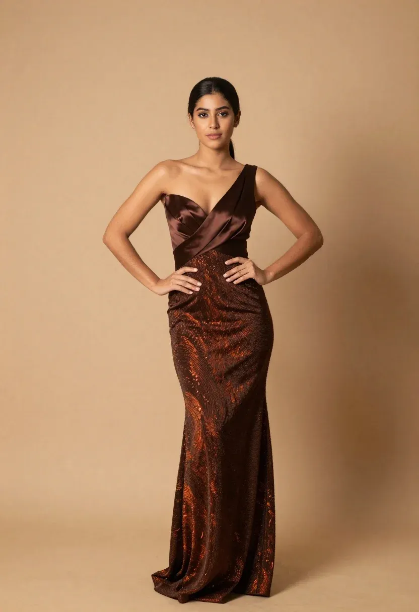 Confident Young Woman Stands Full-length Portrait Against Warm Beige Backdrop