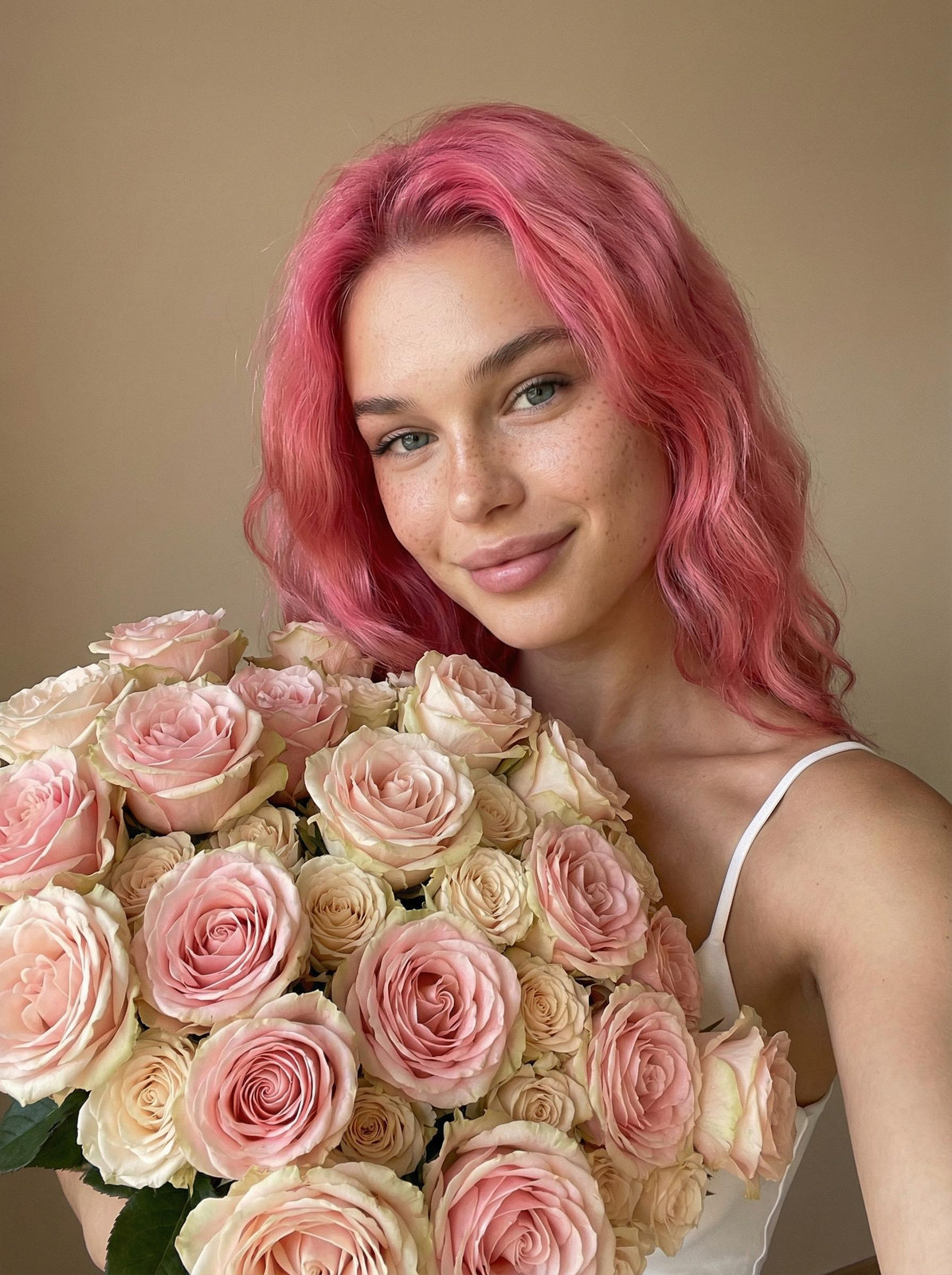 A woman holding a bouquet of pastel pink and cream roses, wearing a sleeveless top, posing in a soft-lit interior.