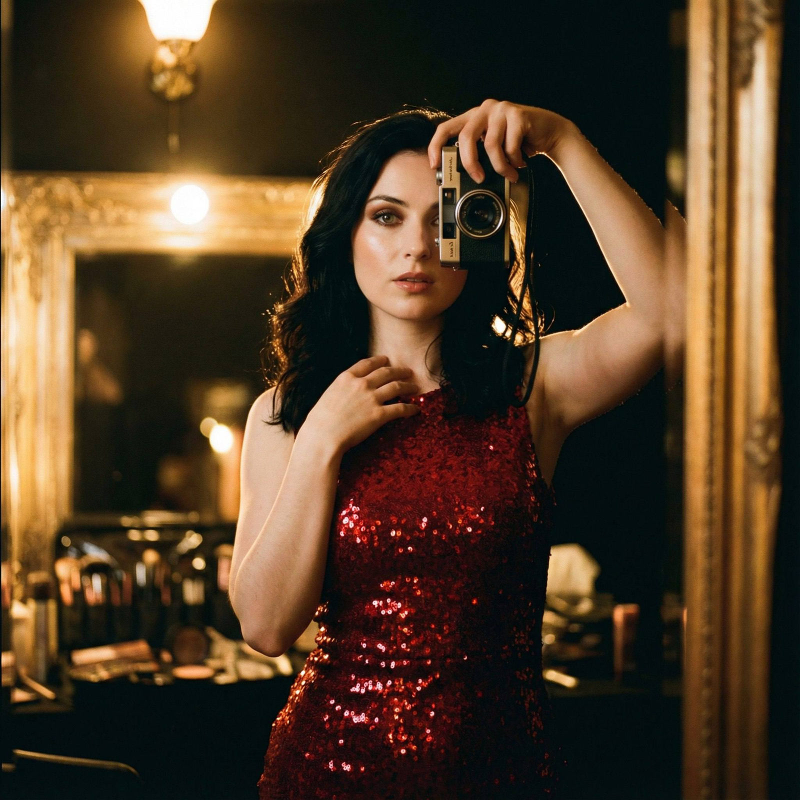 A warm, vintage mirror selfie with soft highlights and film grain. User in intimate pose, holding a camera with one hand.