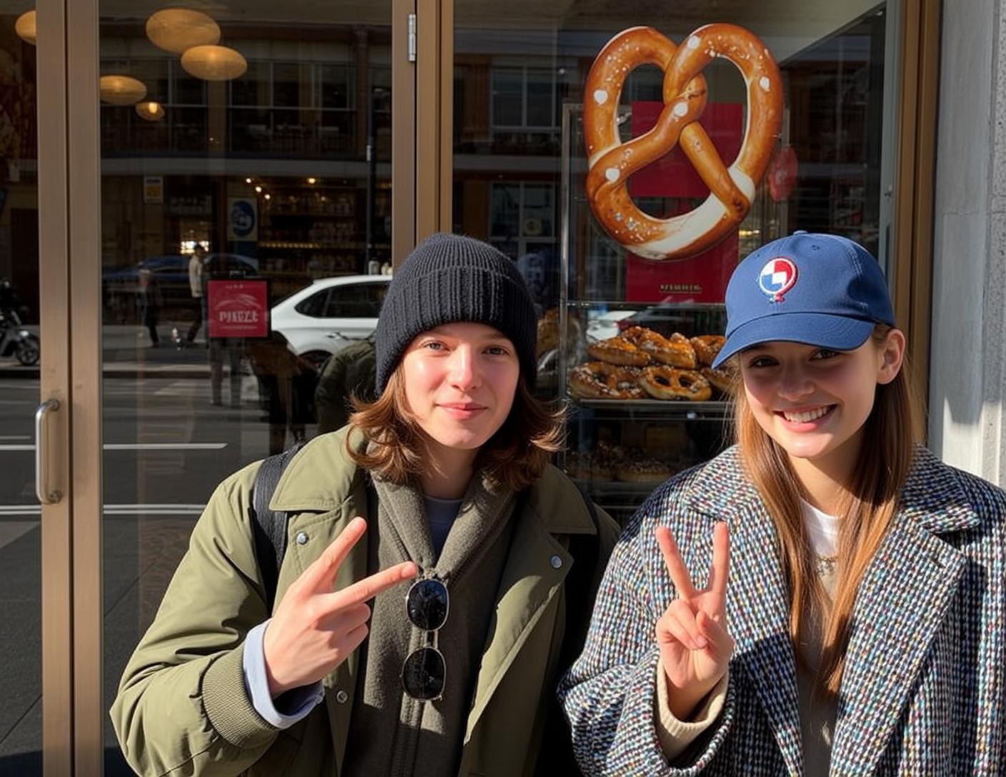 Explore Two People Stand Side-by-side Front Bakery