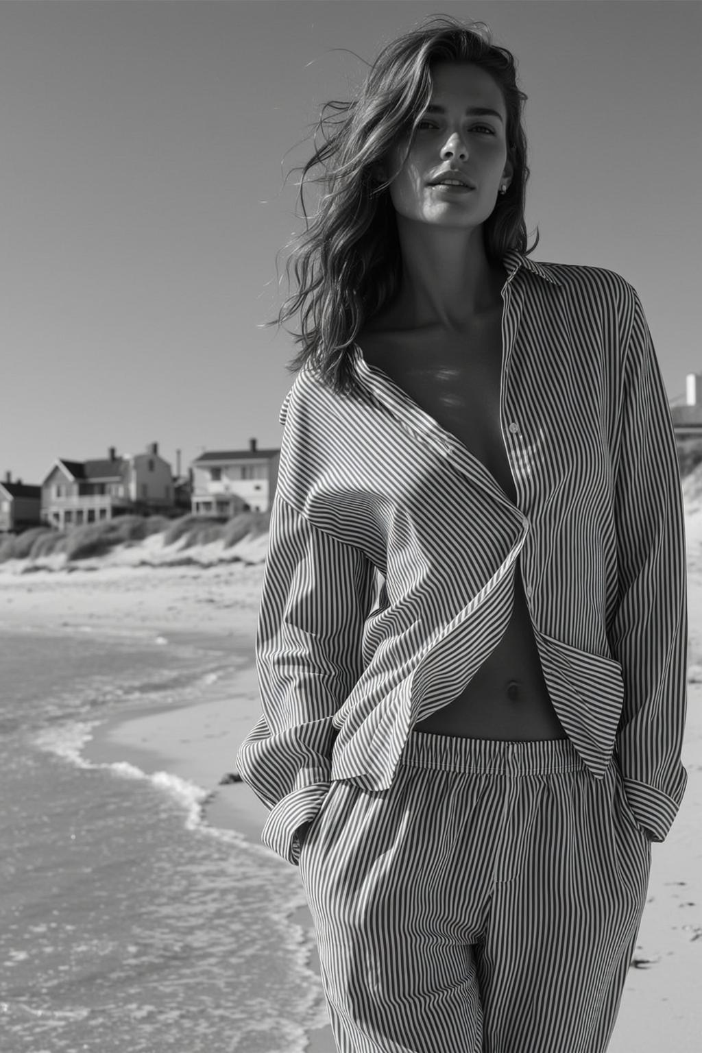 Medium Shot Black And White Photorealistic Image Woman Standing Sandy reference photo