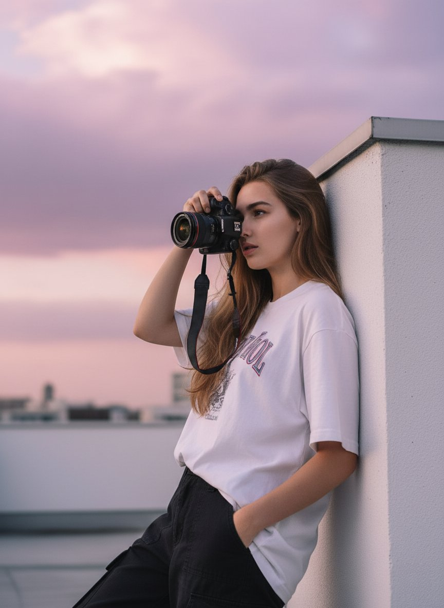 A serene portrait of a person leaning against a concrete wall with wind-blown hair in soft post-sunset light.
