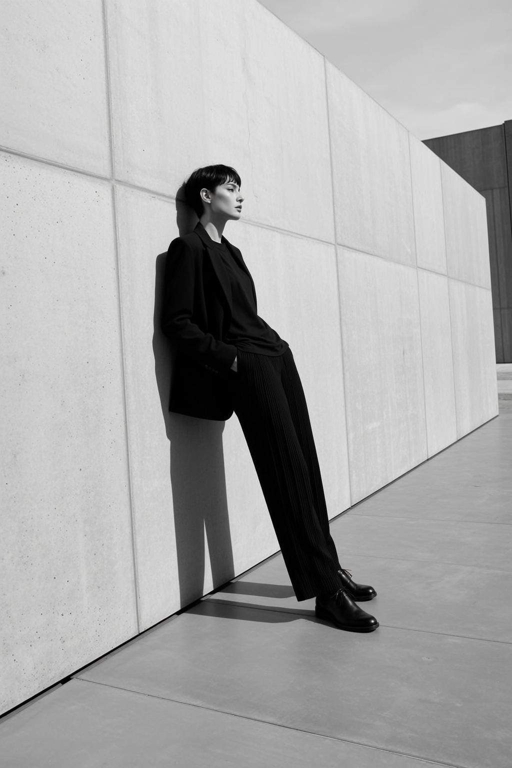 Full-body Medium Shot Black And White Photograph Shows Person With