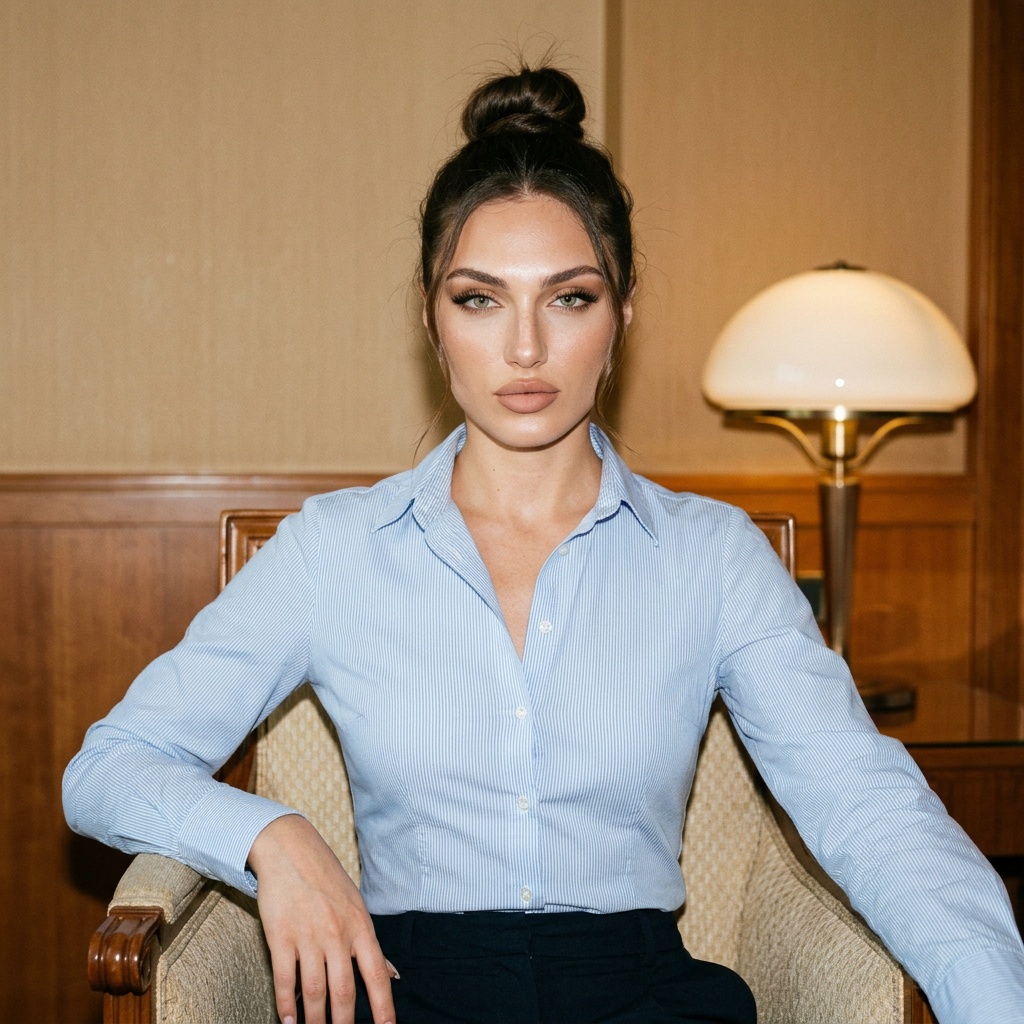 A woman with a high bun sits in a hotel room chair, facing the camera with neutral tones and a geometric backdrop.