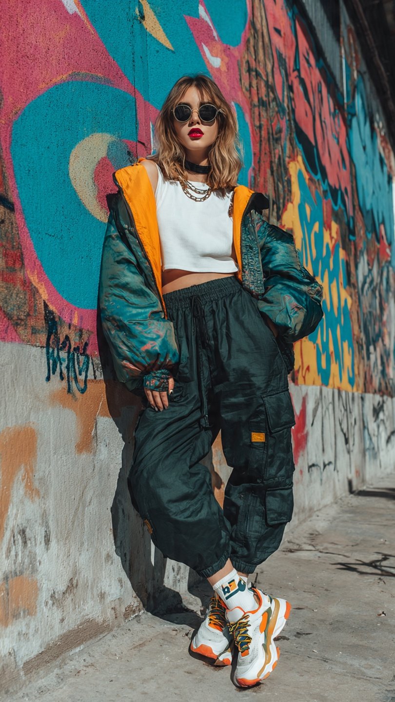 A vibrant portrait of a modern urban youth against a colorful graffiti wall, wearing a color-blocked windbreaker.