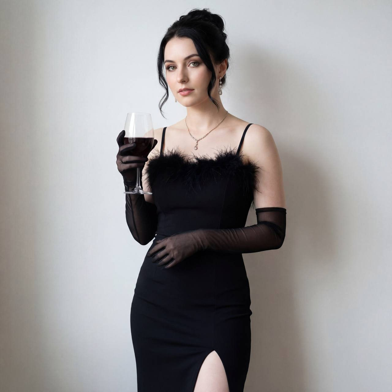 Elegant woman in evening dress with feathers, holding red wine glass, minimalist background.