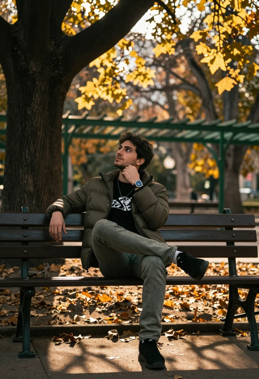 Man Sits Casually Park Bench Under The Shade Large Tree