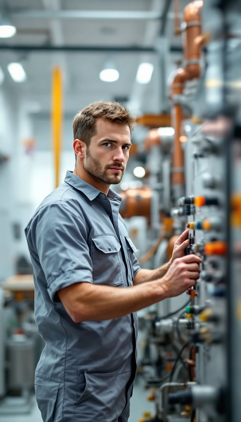 Close-up of a focused man working with multiple pockets on his gray trousers in an industrial setting.
