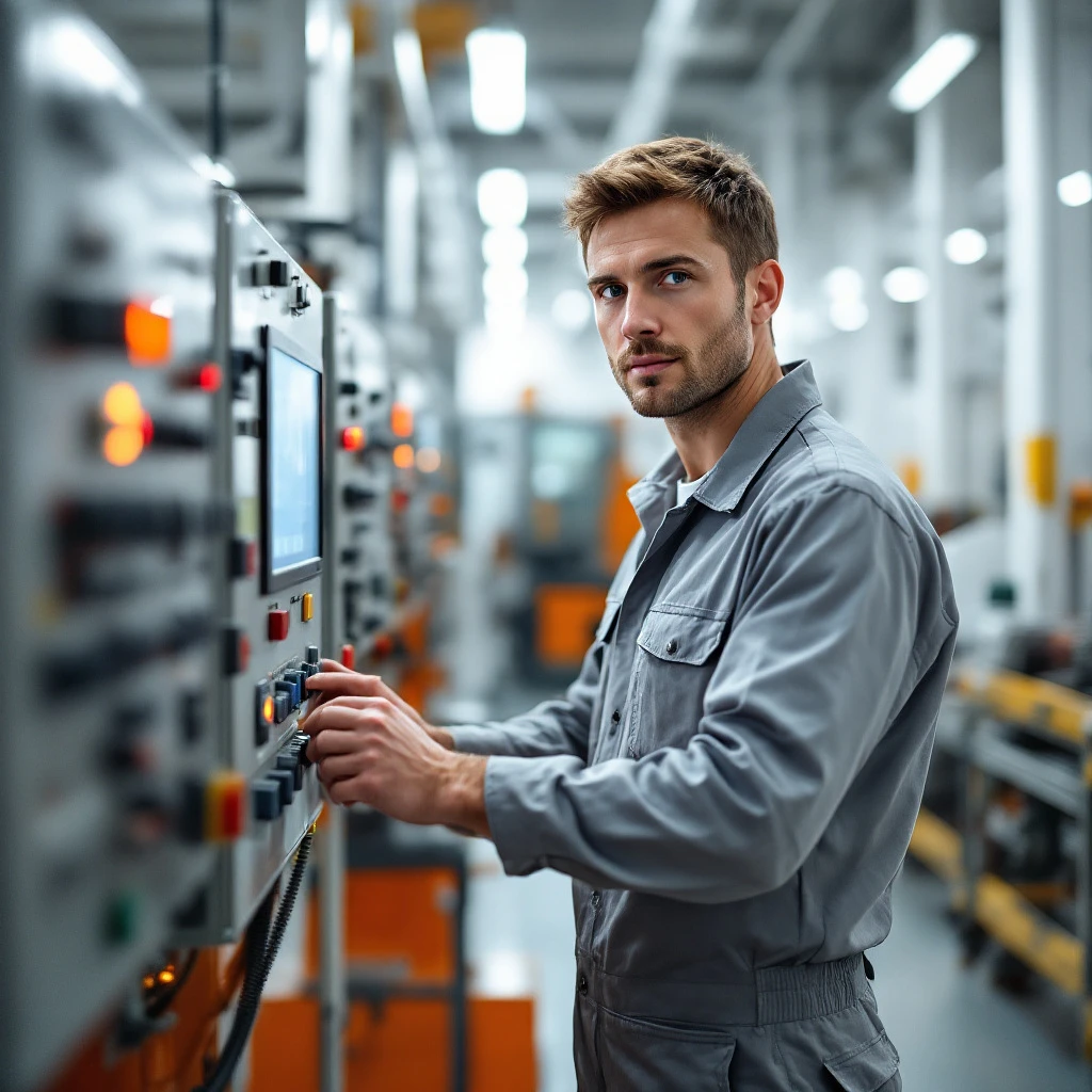 Elevated view of a light-skinned man using machinery controls in a well-lit factory environment.