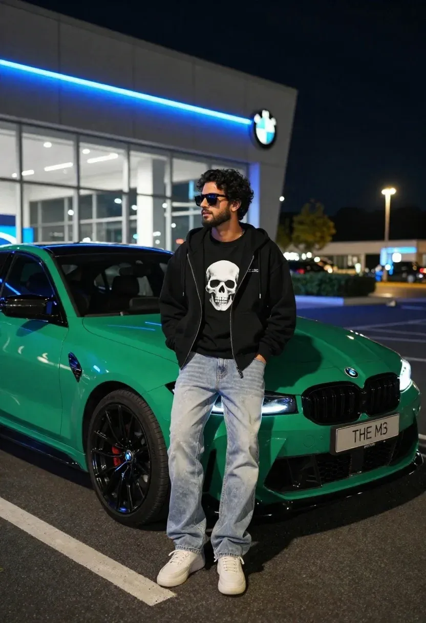 Stylish Young Man Leans Casually Against Vibrant Green Bmw Sedan