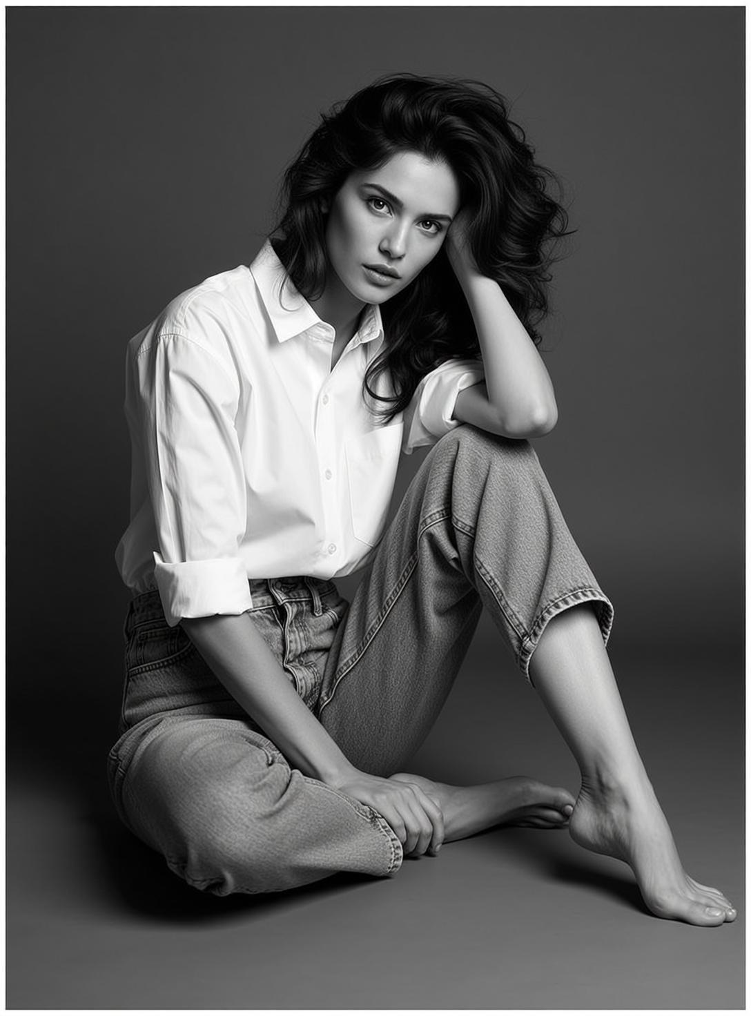 Photorealistic Black And White Medium Shot Portrait Young Woman With