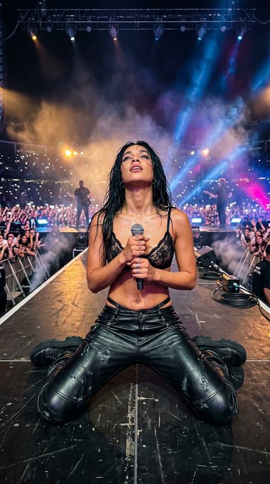 A Gen Z female pop icon kneeling wide-legged on stage, gripping a vintage microphone, amidst electric fog and stadium lights.