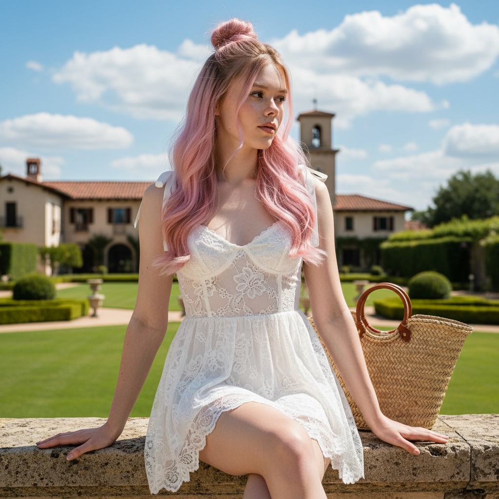 Realistic portrait of a young woman with voluminous brunette hair sitting in a Mediterranean garden wearing a lace dress.