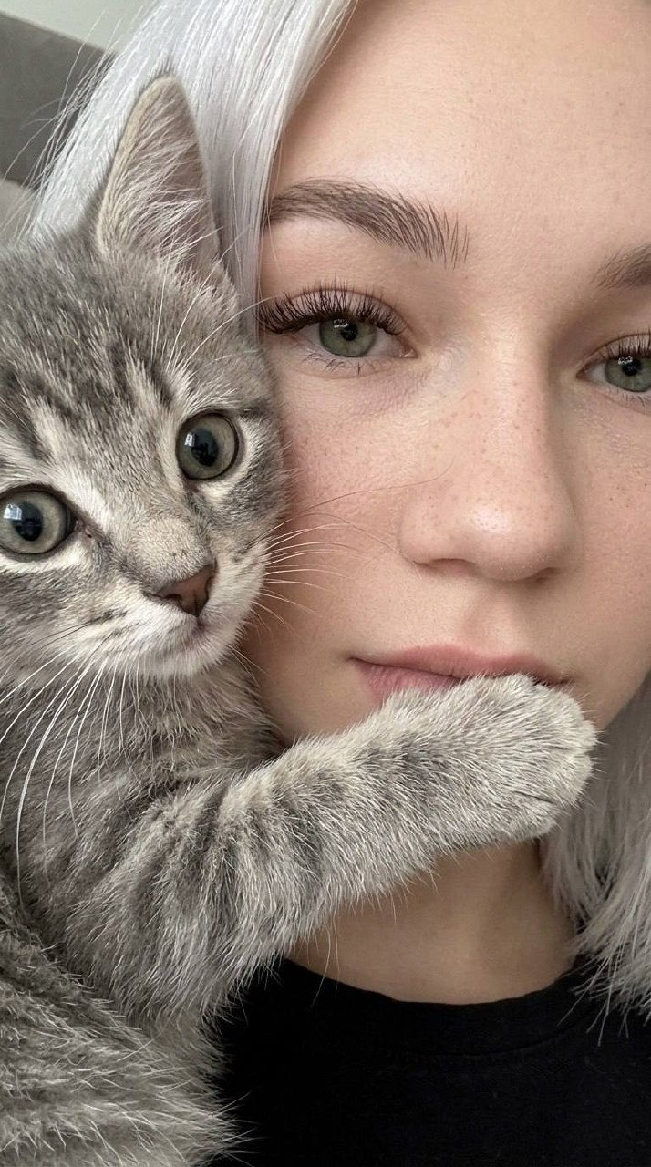 A close-up selfie of a girl with a fluffy grey tabby kitten beside her, highlighting their tender interaction.