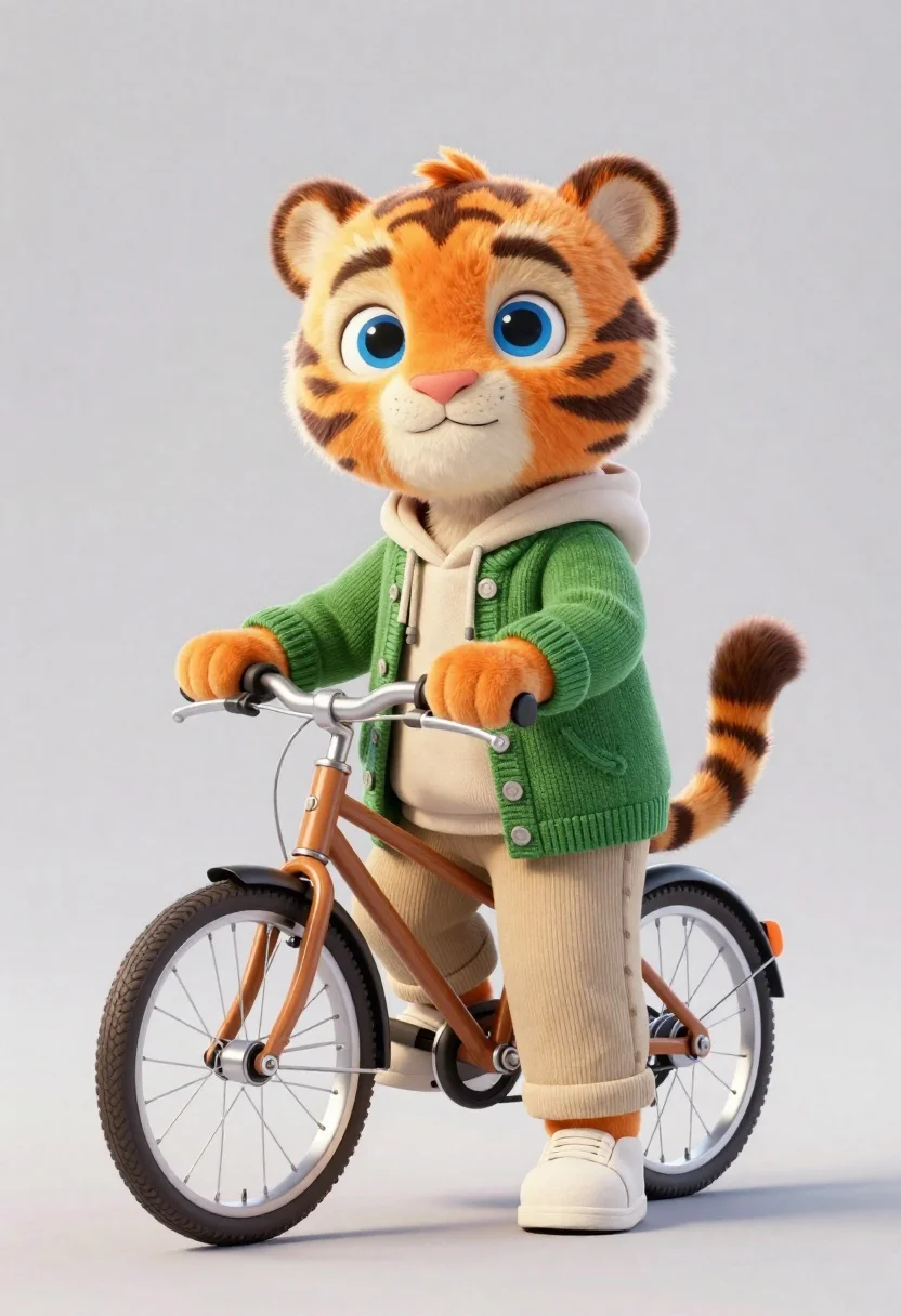 Animated Character Render Cute Anthropomorphic Tiger Standing Beside Bicycle Neutral reference photo