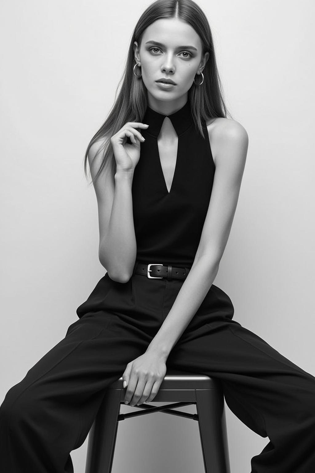 Photorealistic Portrait Young Woman With Long Straight Brown Hair Sitting