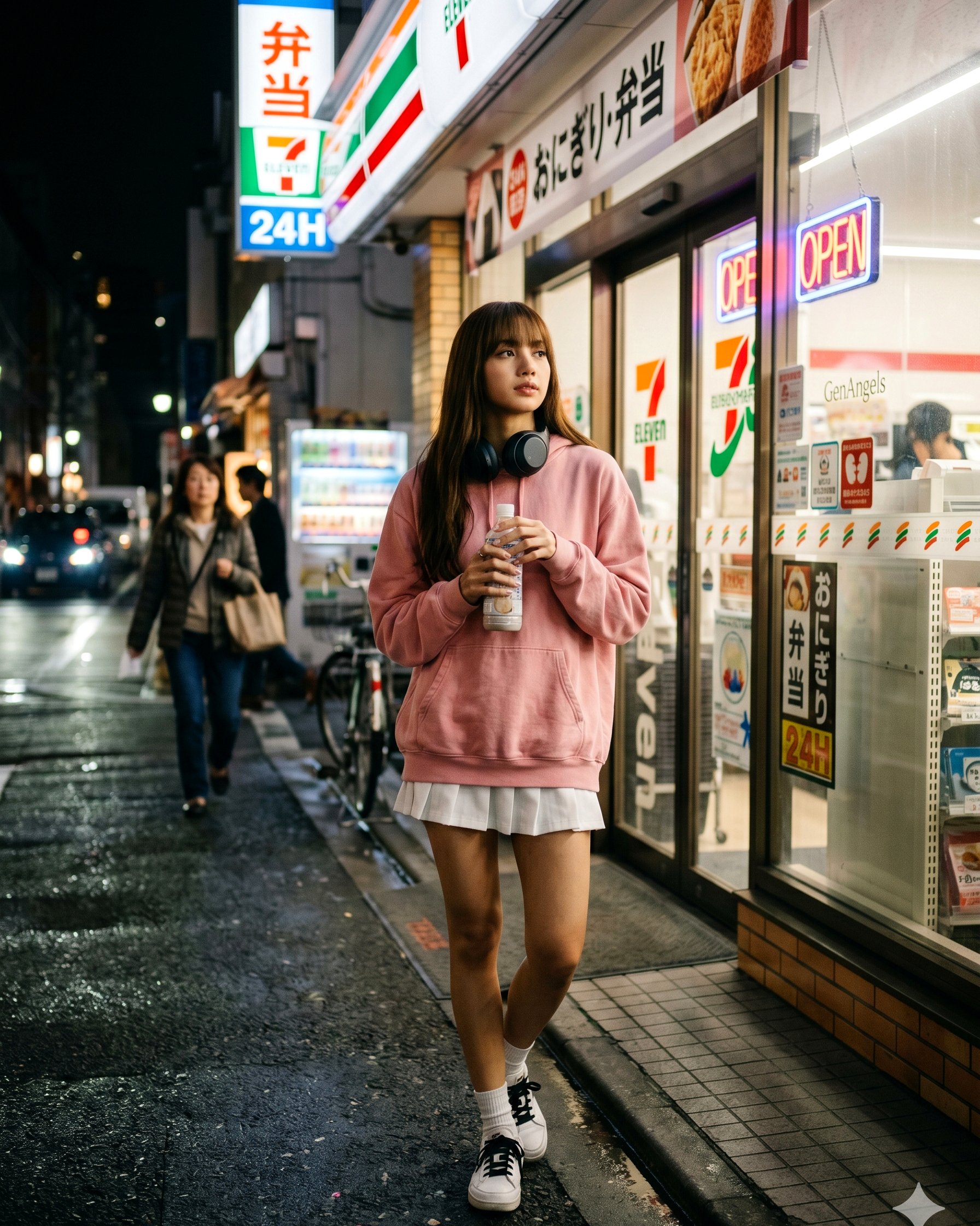 Pastel Hoodie Mini Skirt Wet City Street Night 7 Eleven