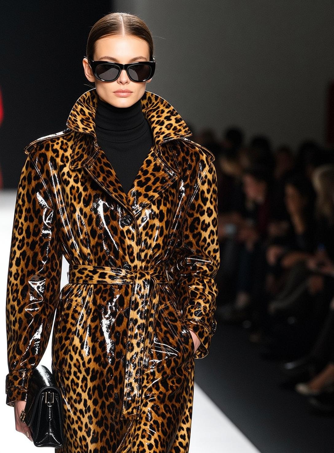 Leopard Trench Coat Model On Runway Studio Lighting