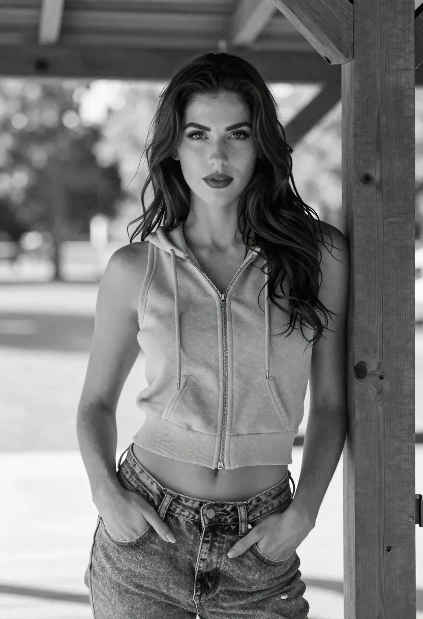 Black And White Portrait Young Woman Standing Confidently Under Open-air
