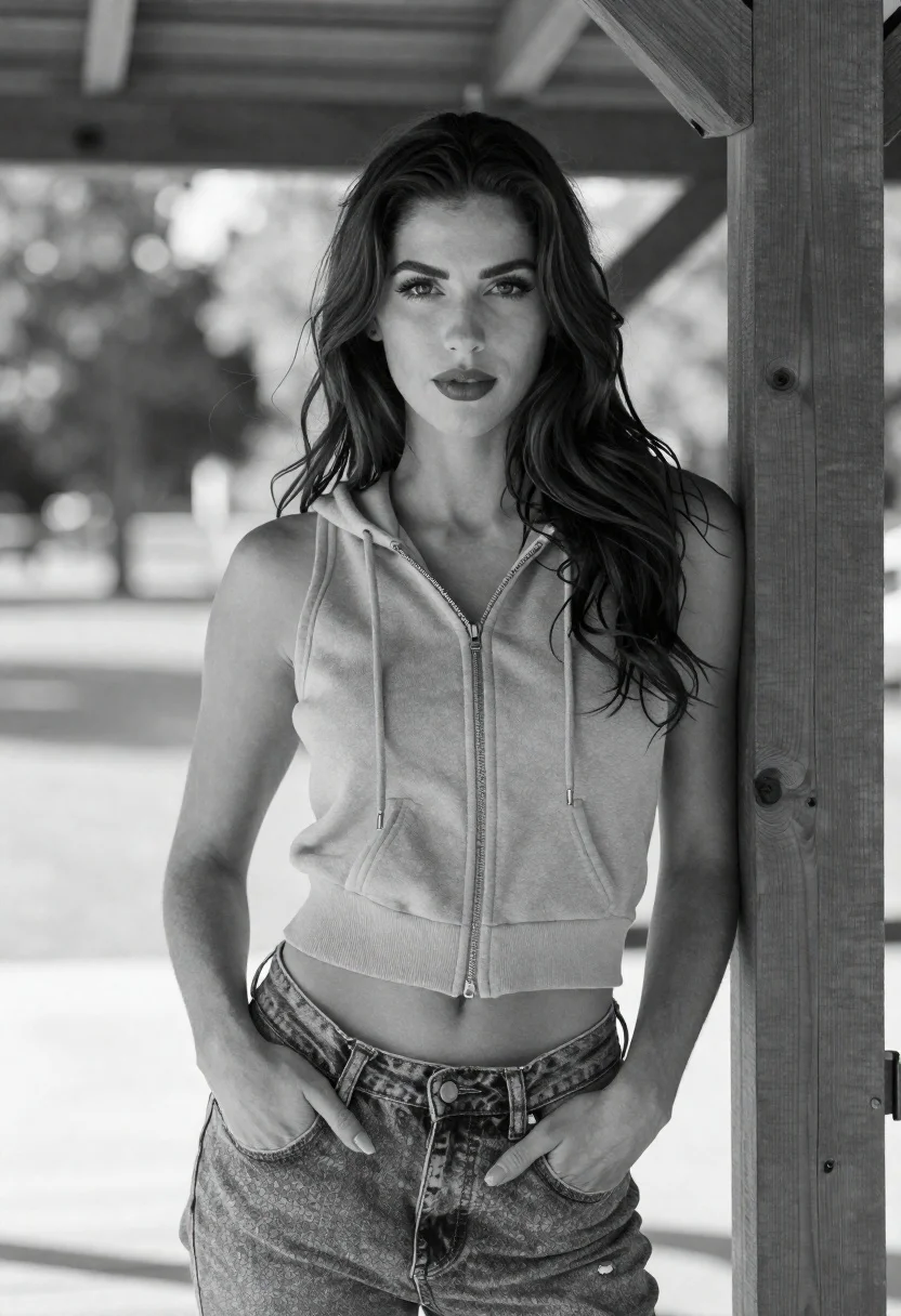 Black And White Portrait Young Woman Standing Confidently Under Open-air reference photo