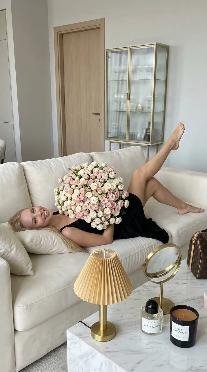 Realistic Woman Plush Sofa Roses Luxury