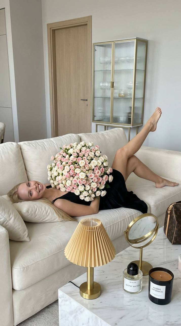 A beautiful woman in a black dress lies on a creamy white plush sofa, surrounded by pink and white roses.