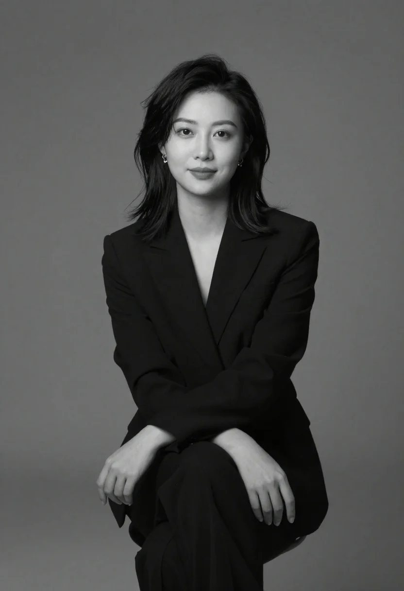 Black And White Studio Portrait Woman With Shoulder-length Dark Hair reference photo