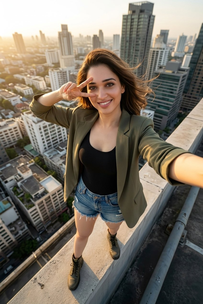 Ultra-realistic selfie portrait of a woman on a rooftop, sunlight casting strong shadows, wind blowing through her hair and outfit