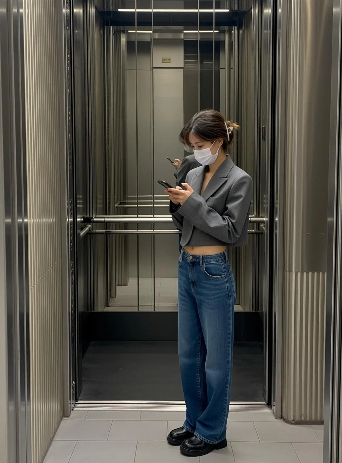 Woman In Elevator Typing On Phone