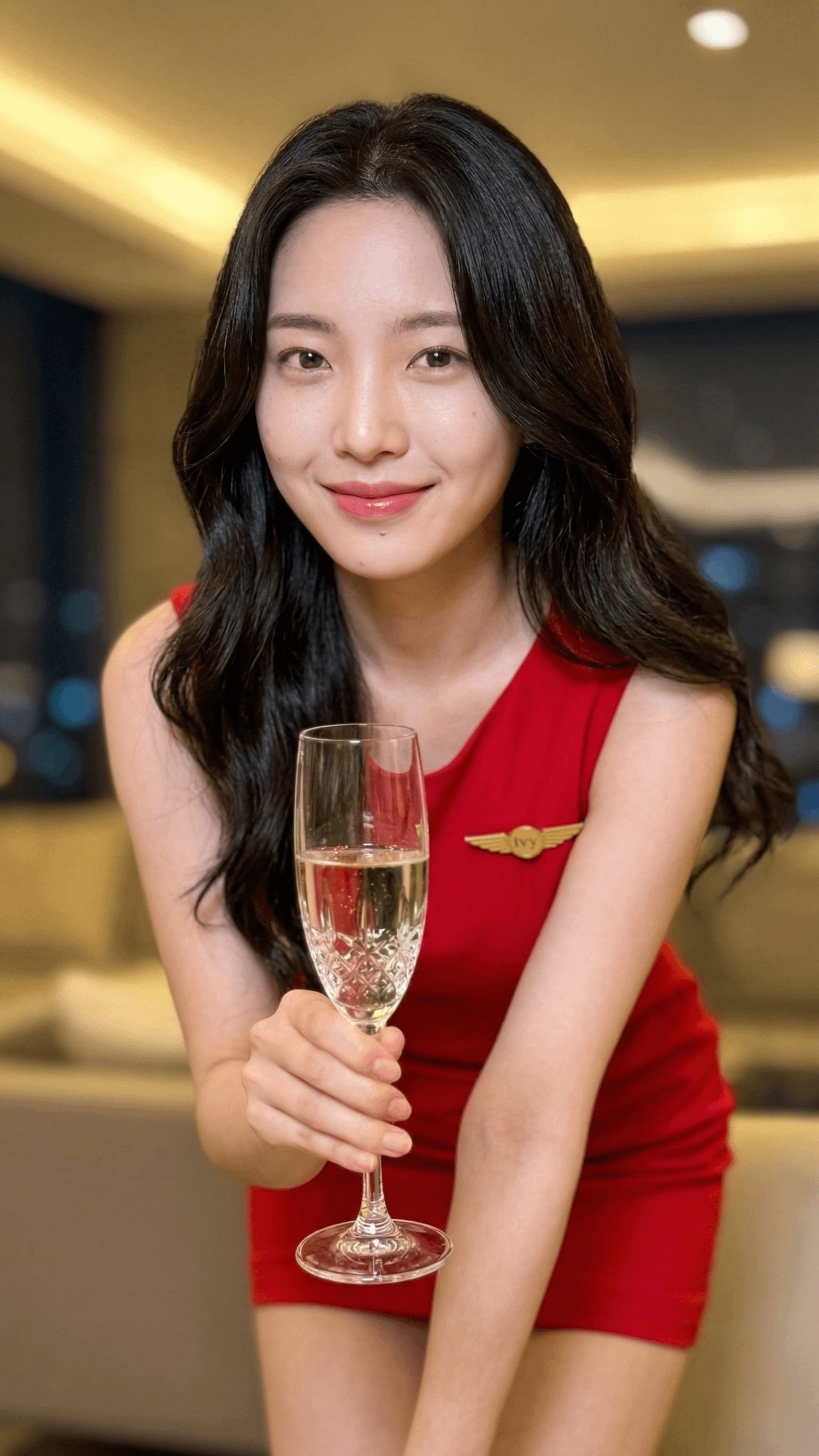 Celebration Portrait Warm Lounge Red Dress Champagne Flute