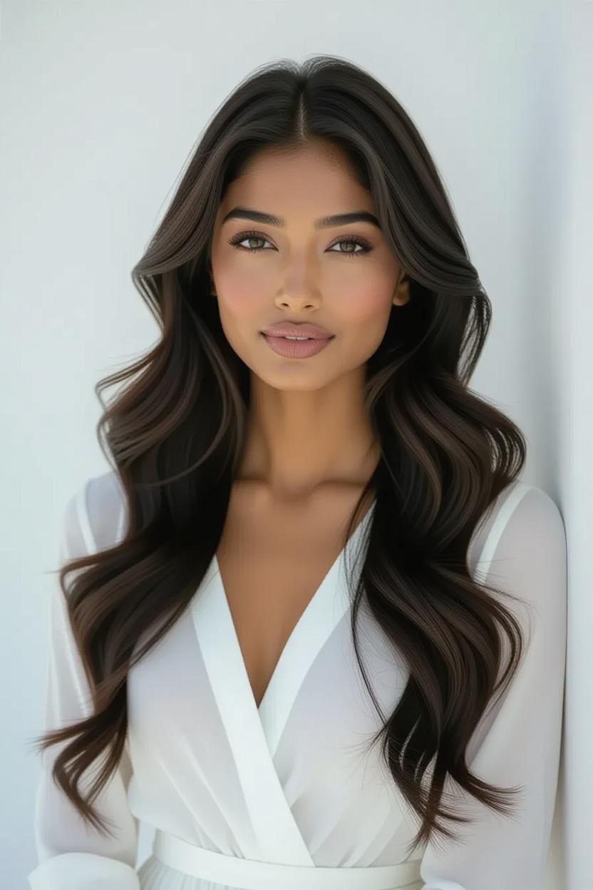 Leaning Against White Wall Soft Waves Hair
