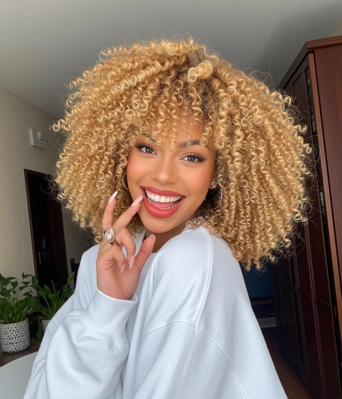 Blonde Curls Red Lipstick Wide Smile Indoors