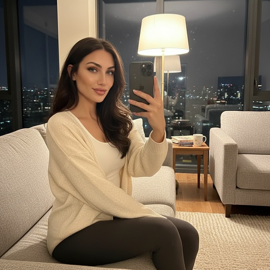 Photorealistic city-apartment mirror selfie preview with the reviewed outfit, pose, setting, lighting, and camera framing.