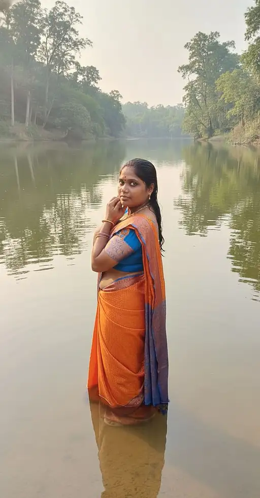 The Uploaded Woman Stands Serene Lake Her Back The Viewer