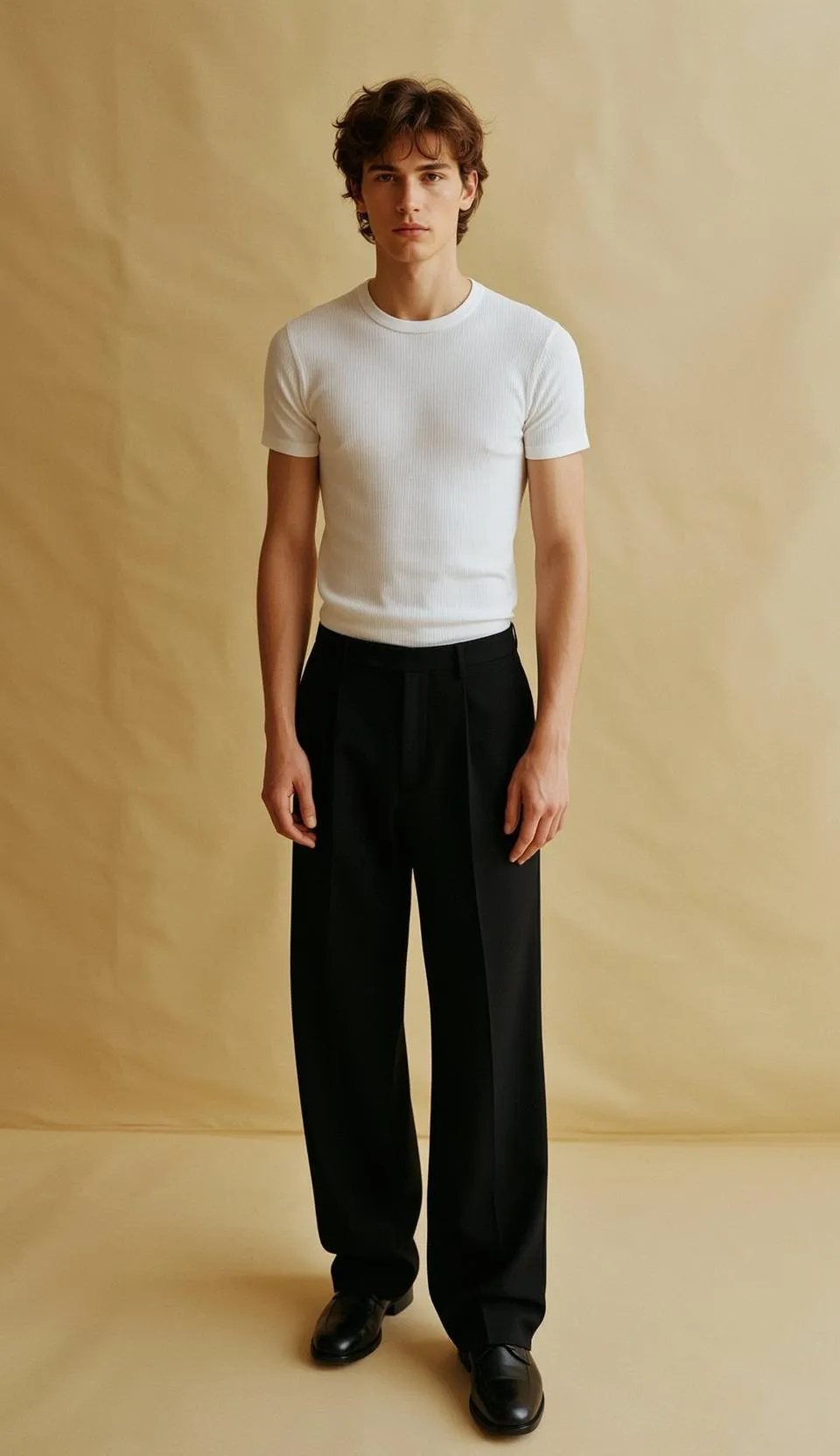 White T Shirt Black Pleat Trousers Loafers