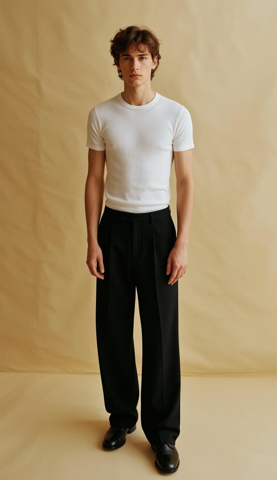 White T Shirt Black Pleat Trousers Loafers