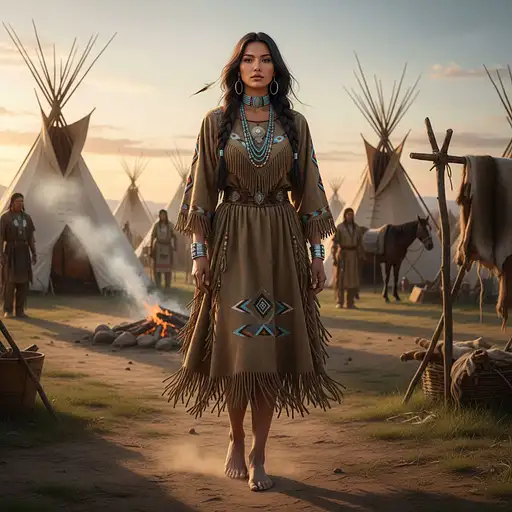 Full Body View Real Beautiful Native American Indian Woman Hedgear
