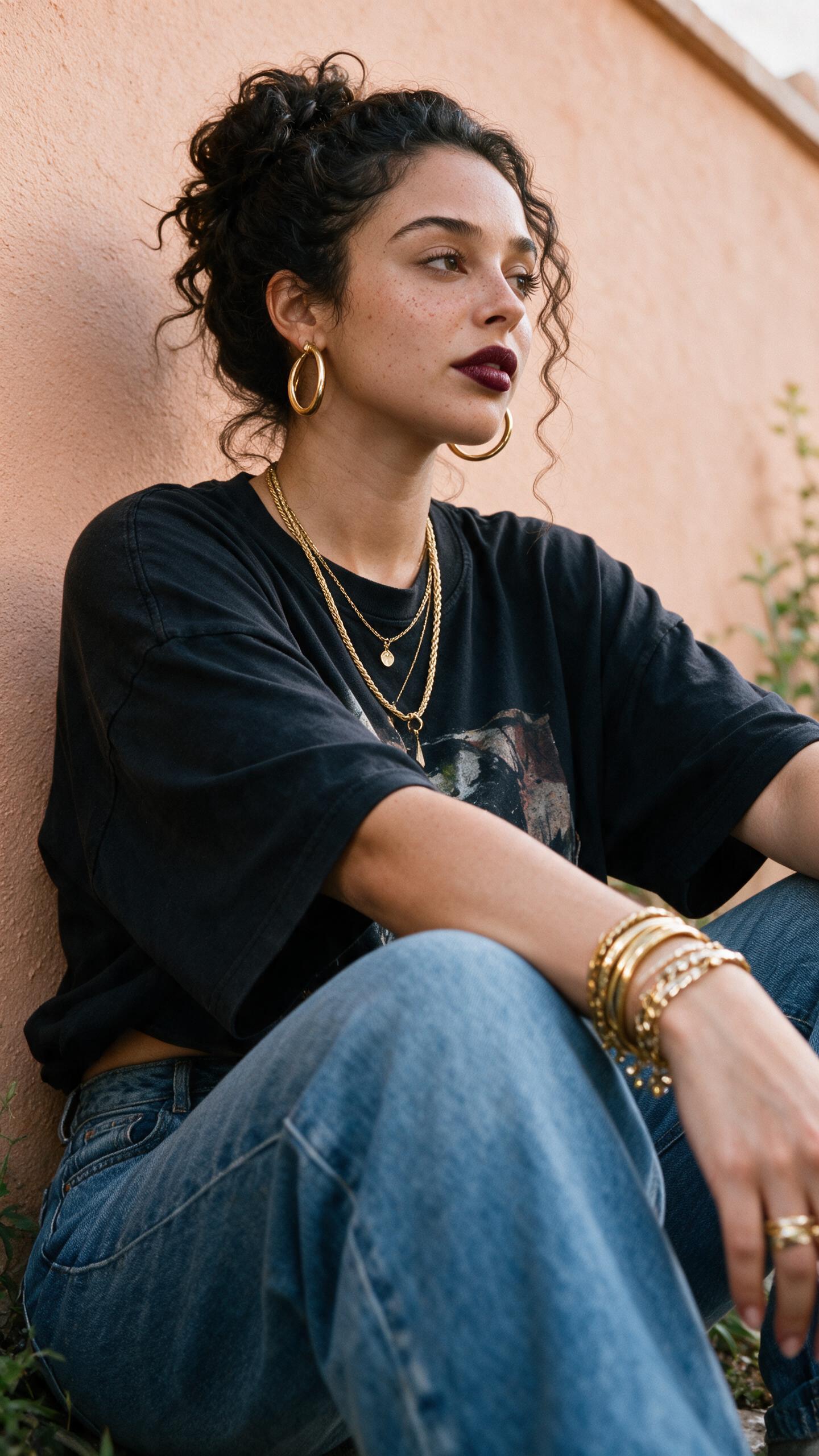 Low Seated Peach Stucco Oversized Graphic Tee Jewelry
