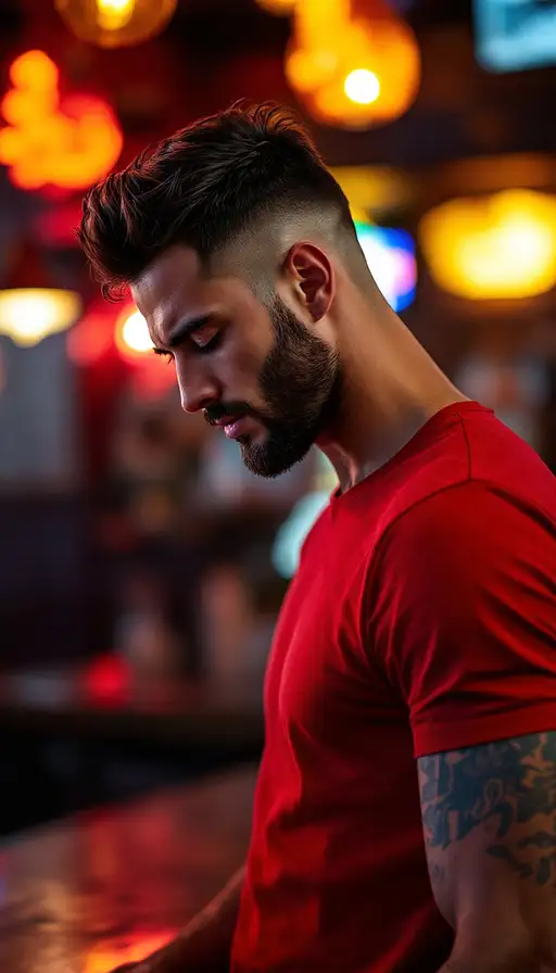 Profile photograph of a handsome Caucasian man in a bar at night, wearing a red T-shirt and blue jeans with his head tilted down.