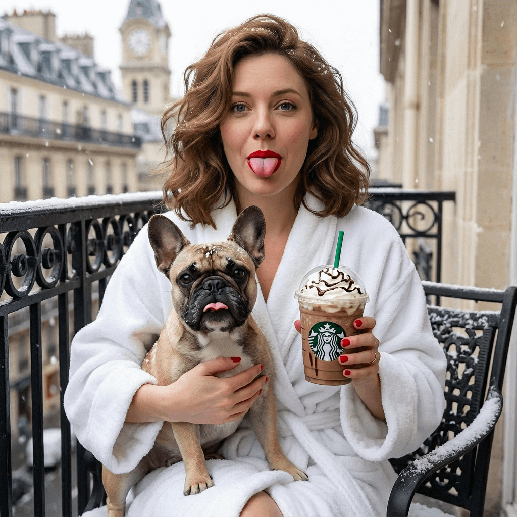White Bathrobe With Bulldog On Snowy Balcony