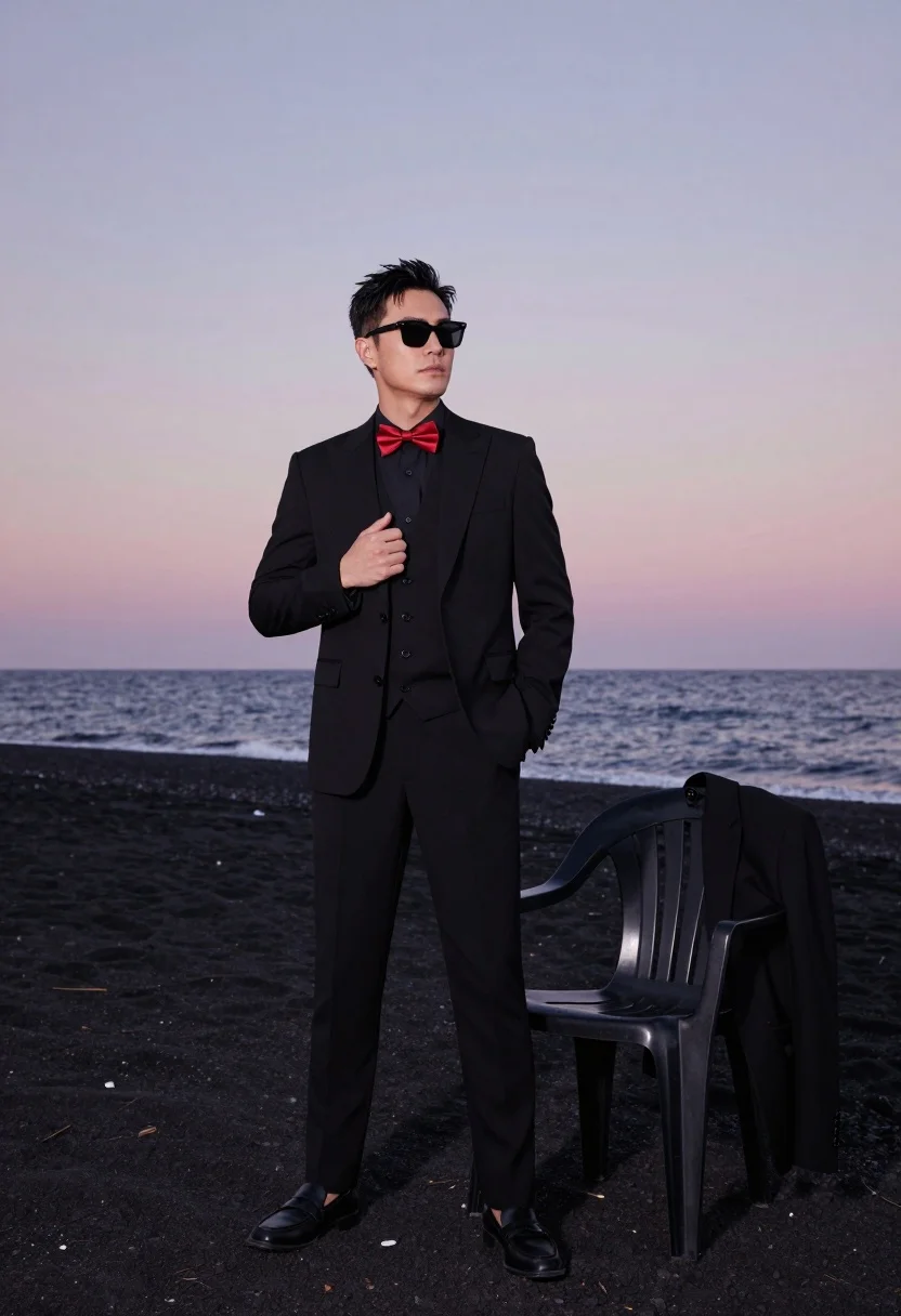 Man Stands Confidently Dark Beach Dusk Gazing Into The Distance