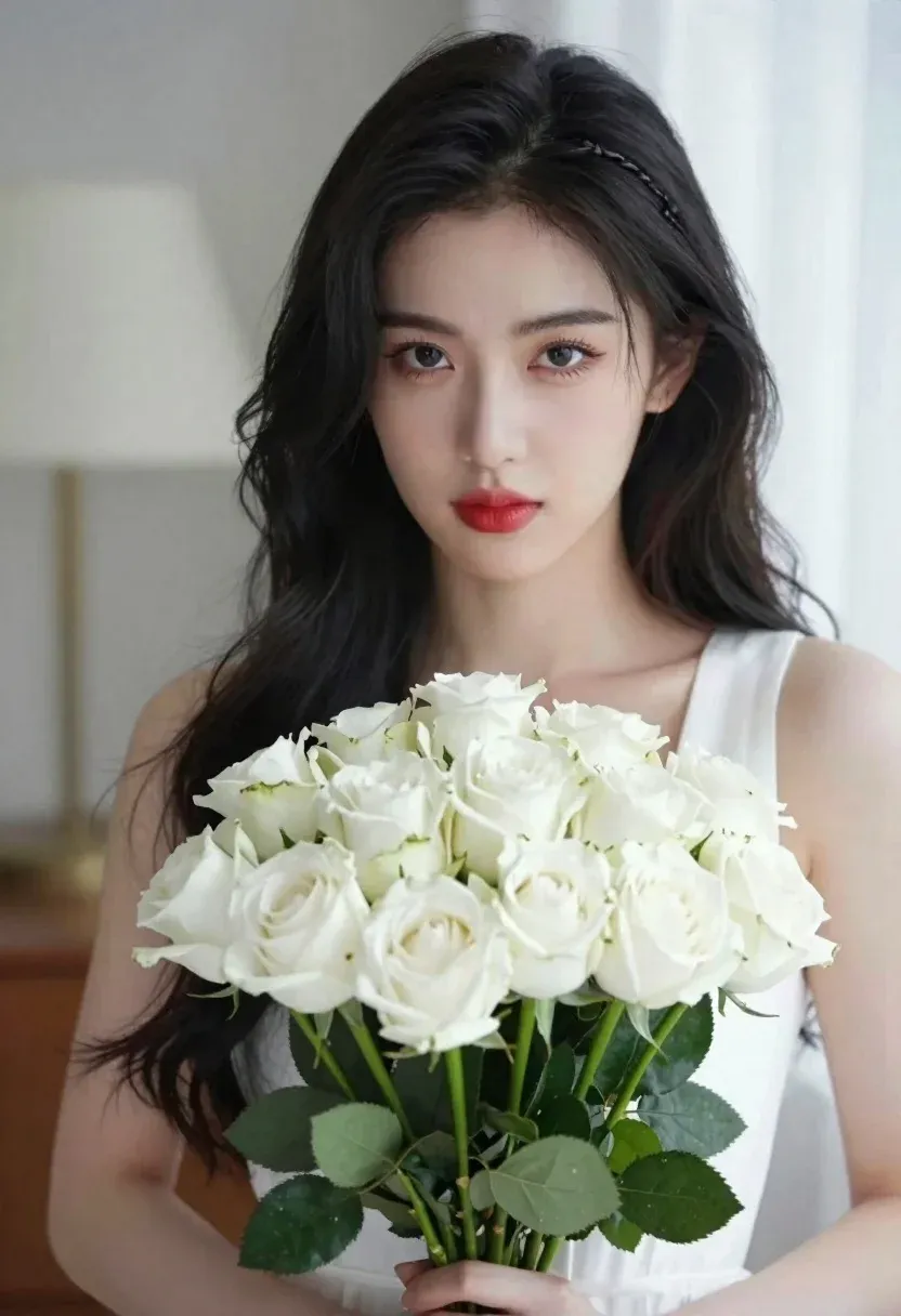 Portrait Woman With Long Dark Hair Holding Large Bouquet White