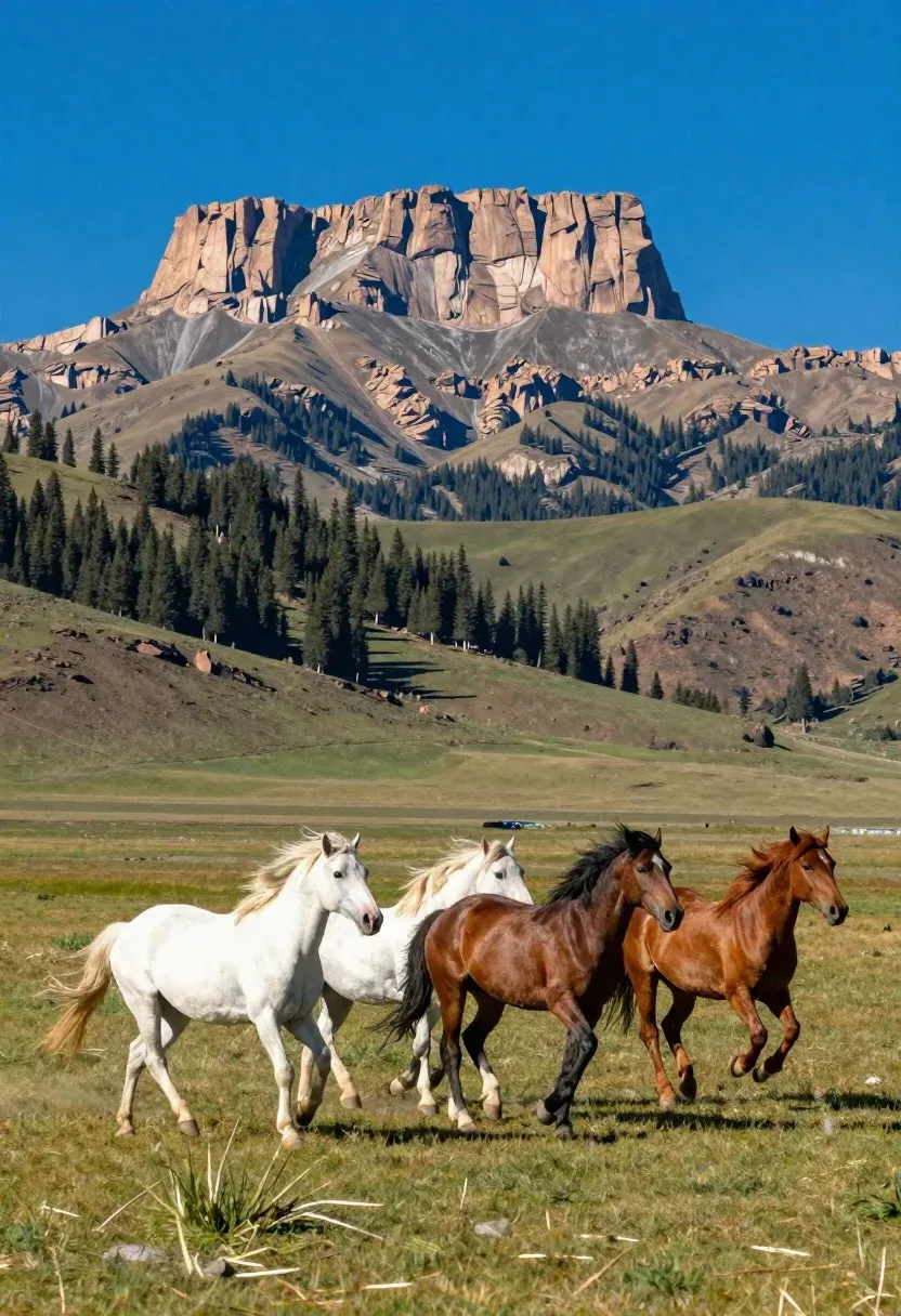 Dynamic Outdoor Landscape Featuring Wild Horses Galloping Across Vast Green